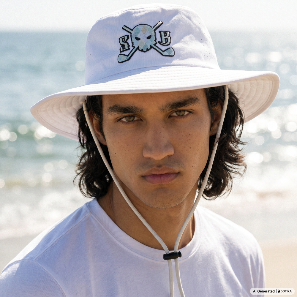 A man wearing a white bucket hat with a skull and crossbones logo and a white drawstring hoodie, photographed outdoors with a blurred ocean background.