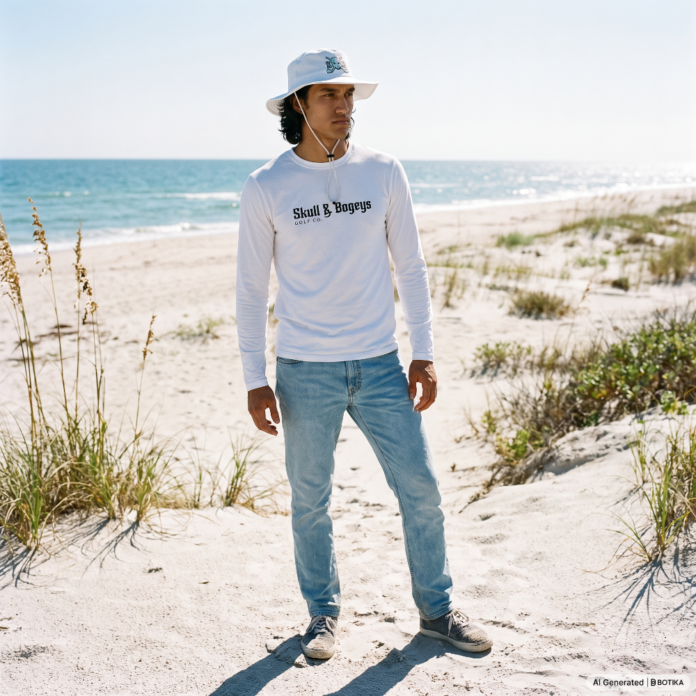 A man stands on a sandy beach wearing a white long-sleeve t-shirt with &