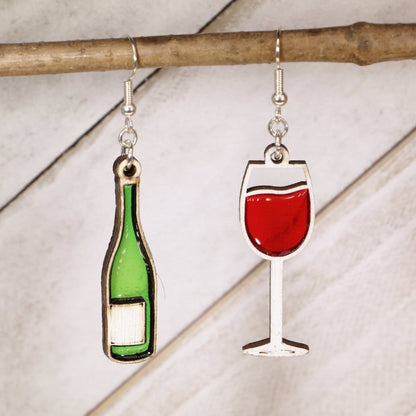 Hand-painted wood and resin wine bottle and glass dangle earrings with detailed drink design and hypoallergenic sterling silver hooks, lightweight wine lover statement jewelry earrings for vineyard style