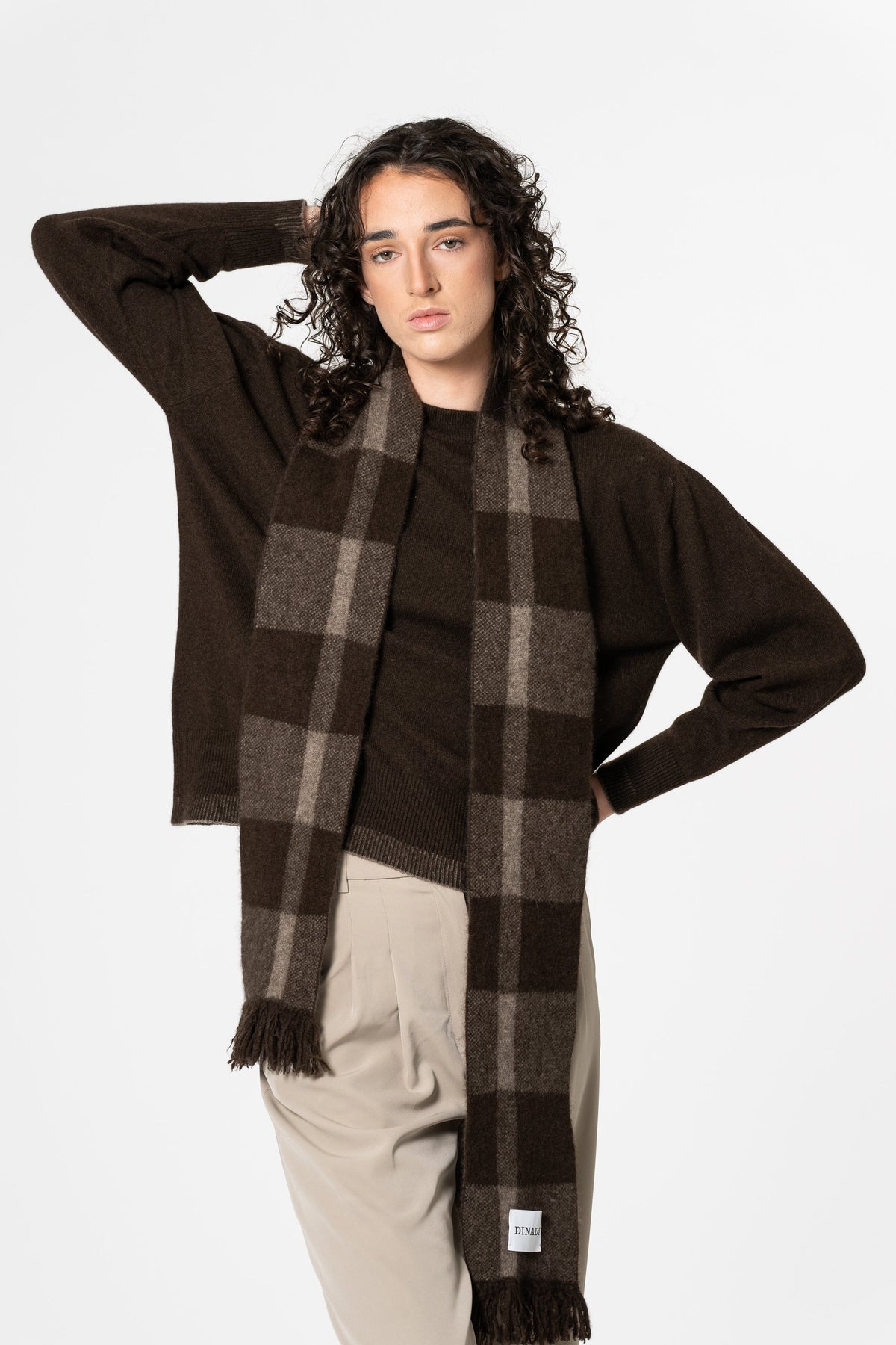 Ethically sourced, undyed yak wool scarf worn by model