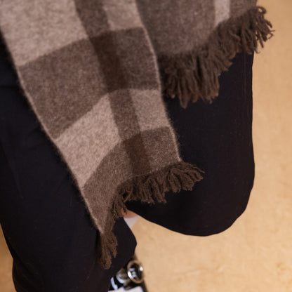 Brown and tan yak wool skinny scarf with fringe trim, close up