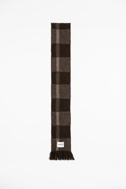 Brown and tan plaid yak wool scarf, lay flat