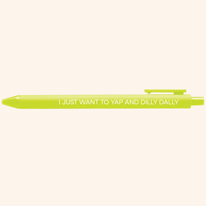 Yap and Dilly Dally pen detail — funny illustrated gel pen gift for her by MangoIllustrated