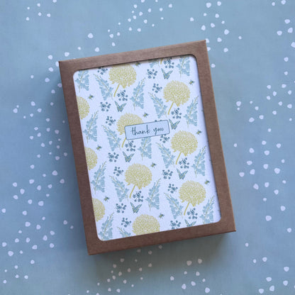 Box of Greeting cards with a blue &amp; yellow floral design and the words thank you.