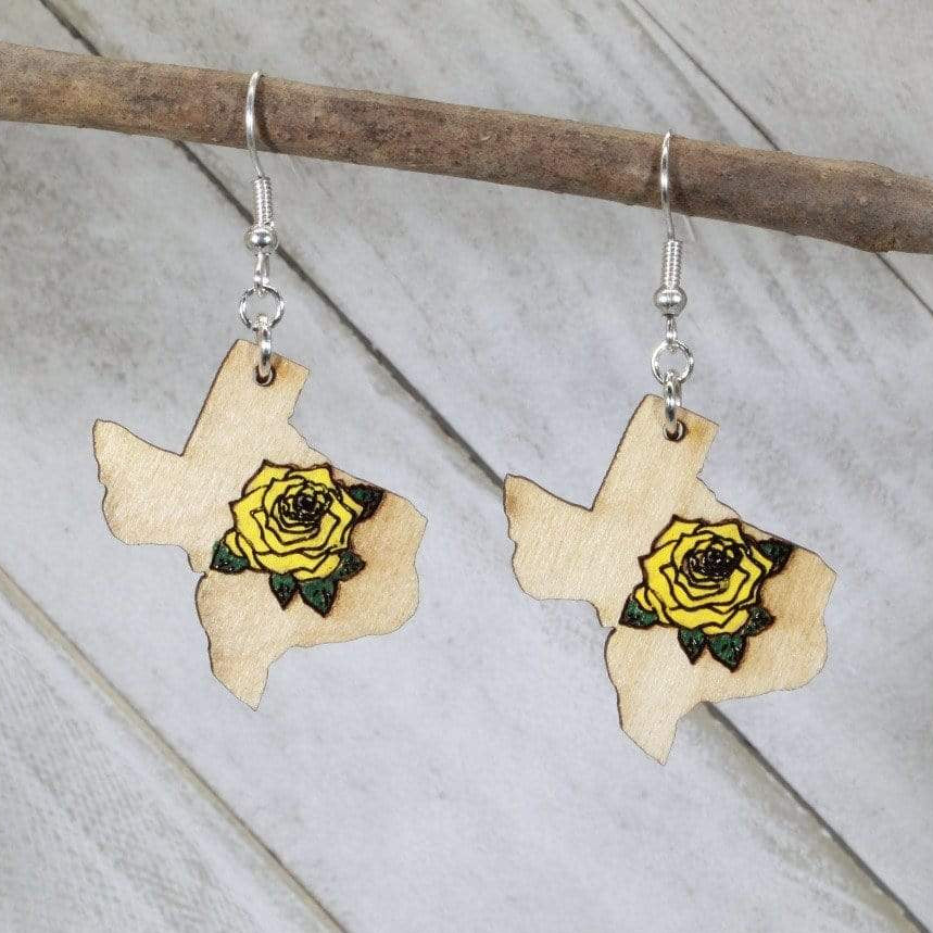 Hand-painted wooden yellow rose of Texas dangle earrings with detailed state flower design and hypoallergenic sterling silver hooks, lightweight rose statement jewelry earrings for Texas pride and southern style