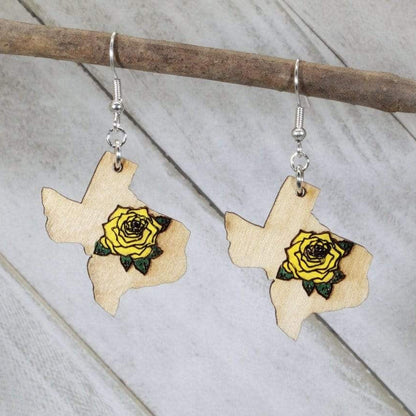 Hand-painted wooden yellow rose of Texas dangle earrings with detailed state flower design and hypoallergenic sterling silver hooks, lightweight rose statement jewelry earrings for Texas pride and southern style