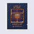 A greeting card with a Hanukkah theme, showing a window with a lit candle and snowflakes outside, with a title &