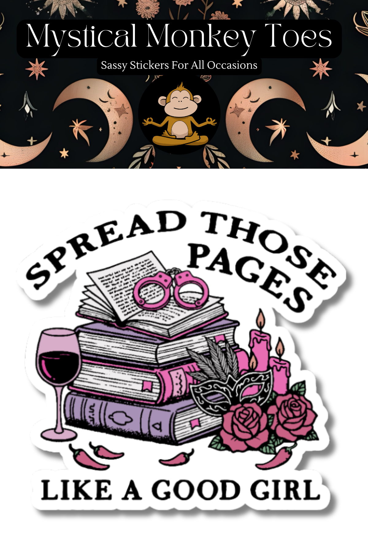 Sticker with books, wine glass, and roses with text &