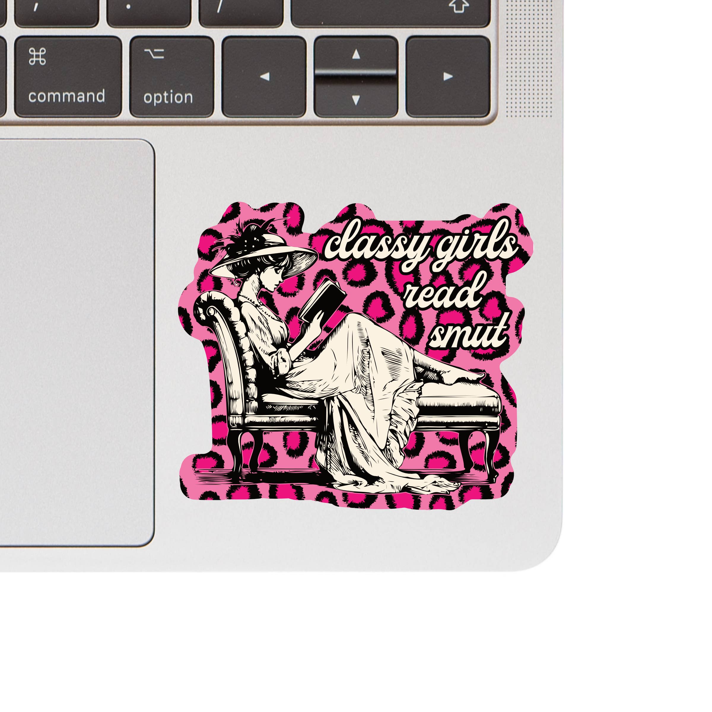 Sticker with a design of a woman reading a book and text &