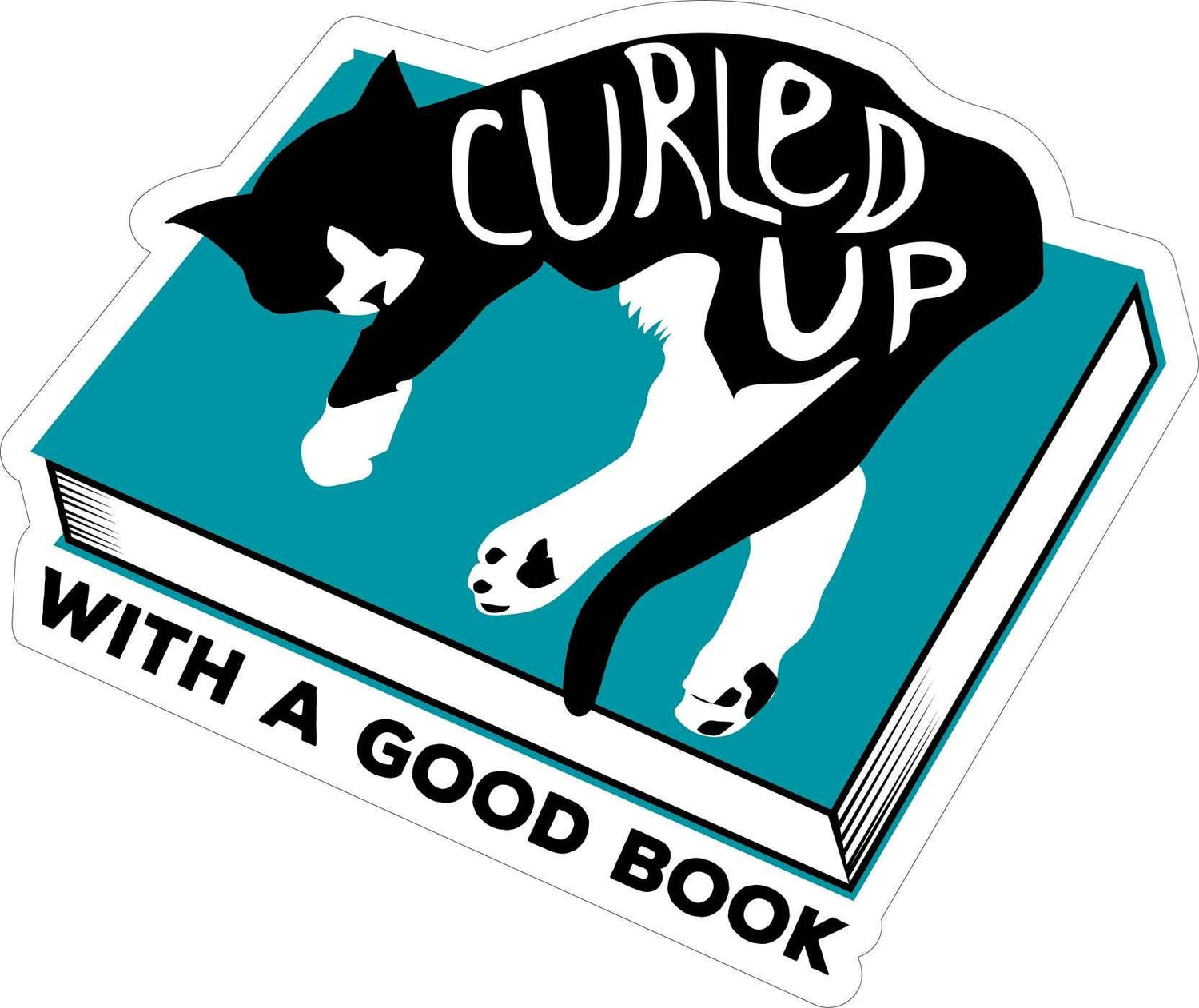 Sticker with a cat curled up on a book and text &