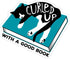 Sticker with a cat curled up on a book and text &
