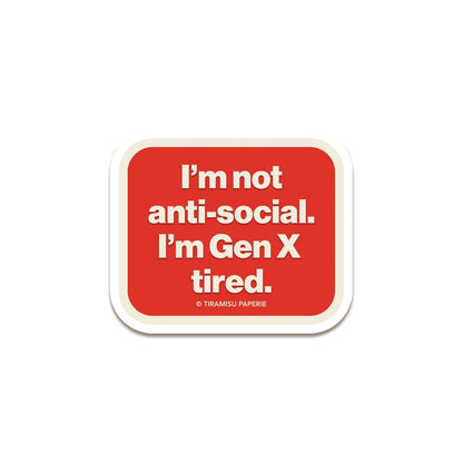 Red square sticker with white text on a white background