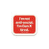 Red square sticker with white text on a white background