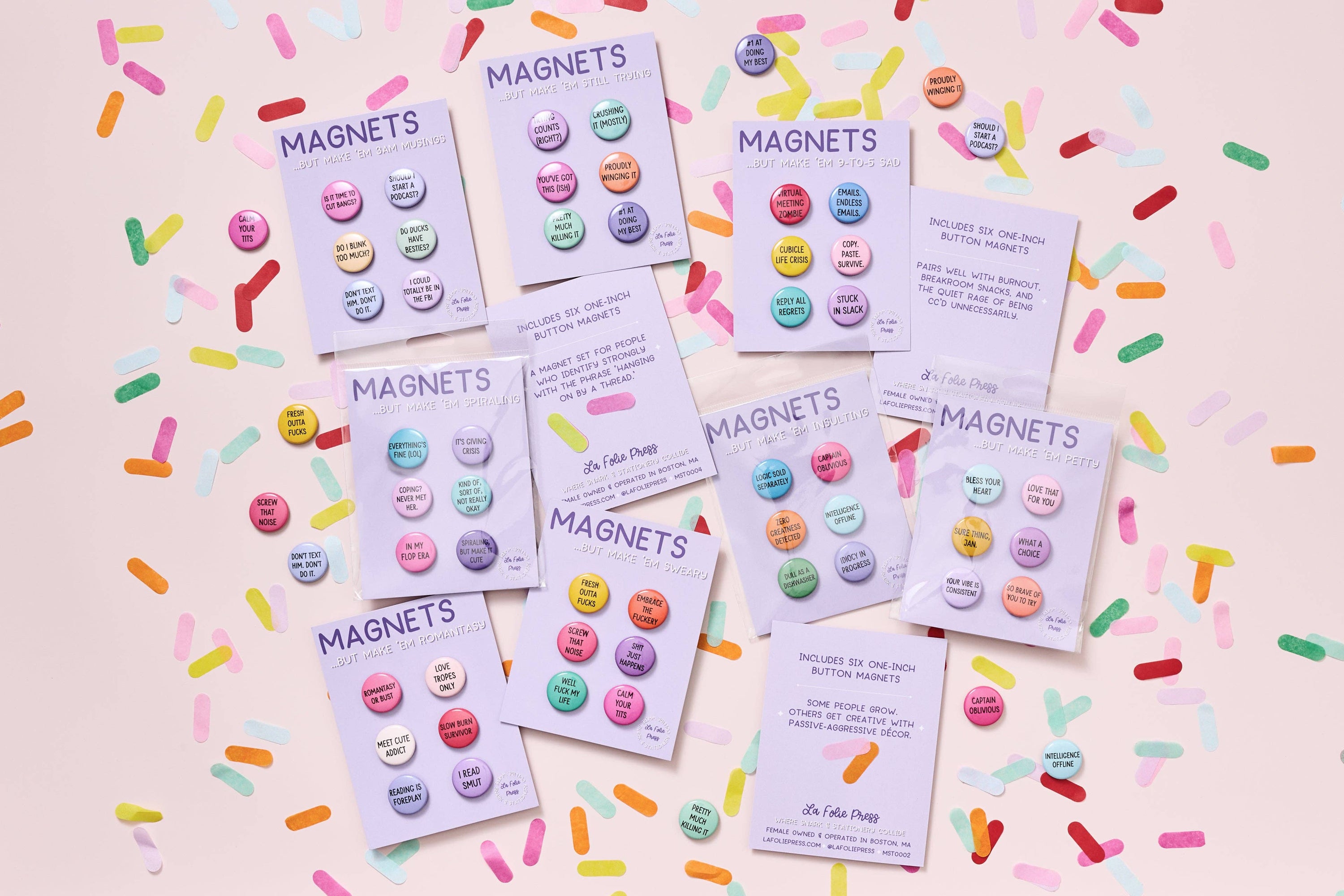 Colorful magnet sets with packaging on a pink background with sprinkles.