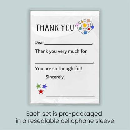 The image is a thank you card with a space-themed design, and each set is pre-packaged in a resealable cellophane sleeve.