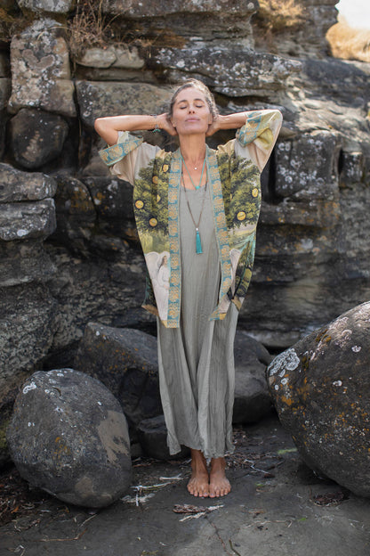 Tree of Life Bamboo Bohemian Kimono Cardigan with Belt