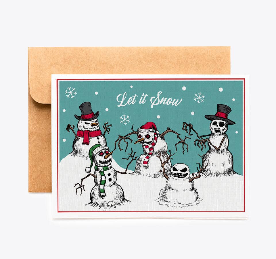 A square greeting card with a kraft envelope behind it, featuring a winter scene with five cartoon snowmen and the words &