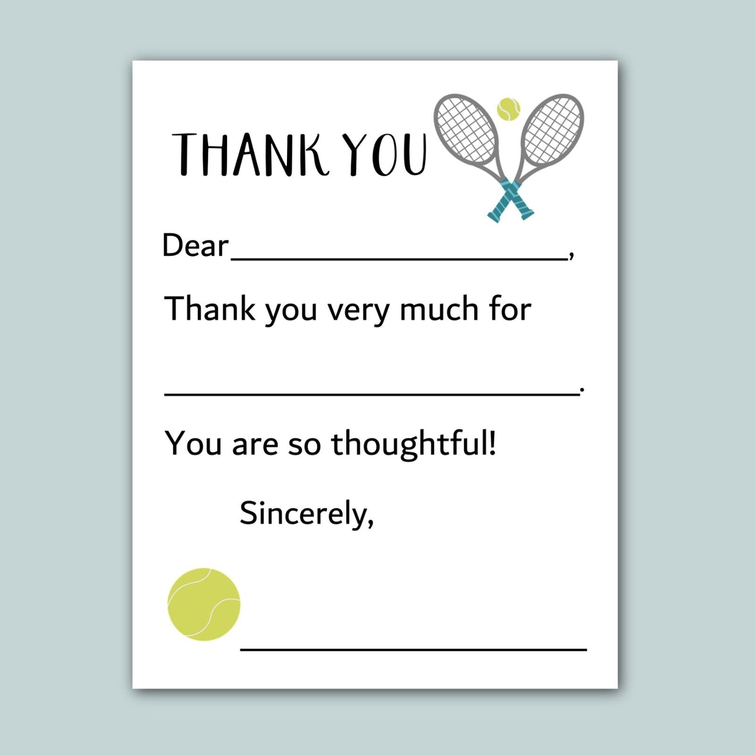 The image is a white card with a tennis racket and ball graphic, and a message expressing gratitude.