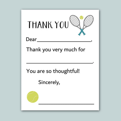 The image is a white card with a tennis racket and ball graphic, and a message expressing gratitude.