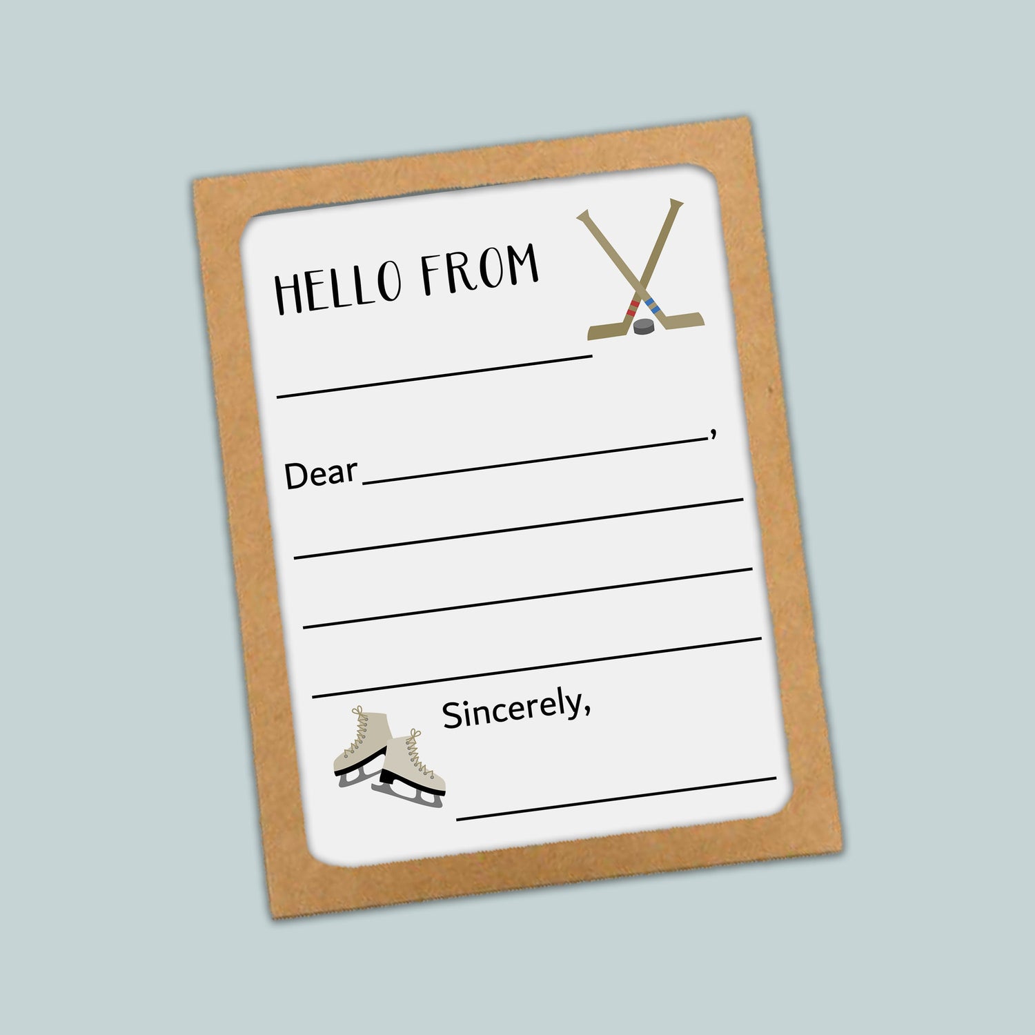 The image is a greeting card with a hockey stick and skates on the front, along with a blank space for a message.