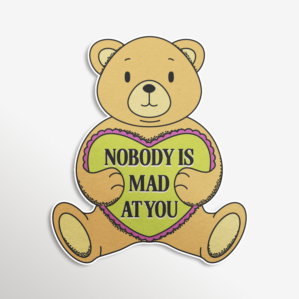 Cartoon teddy bear with a green heart saying &