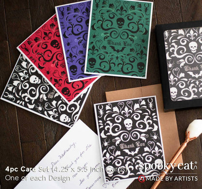 Gothic Thank You Card Set | Skull Damask Stationery – 4 Pack