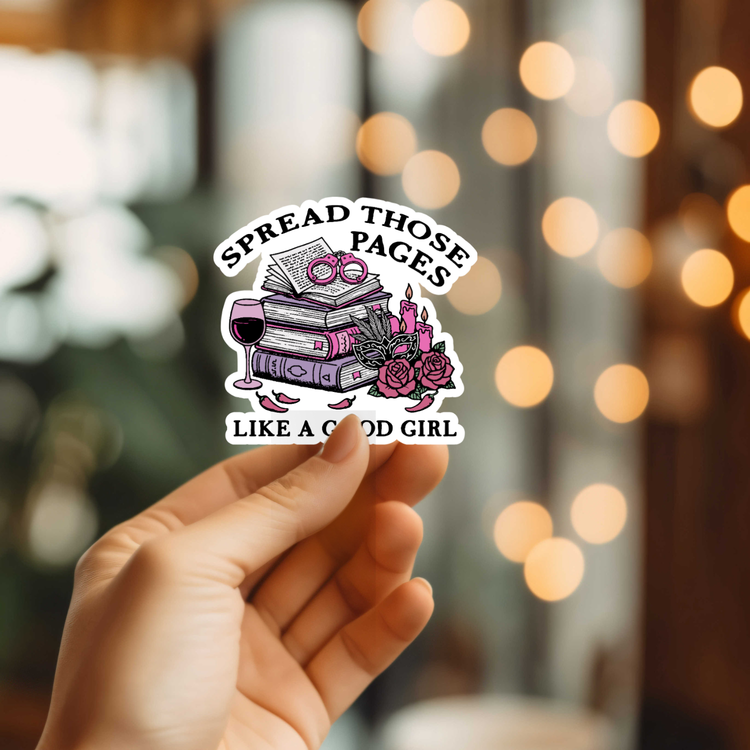 Hand holding a sticker with text and graphics against a blurred background with lights