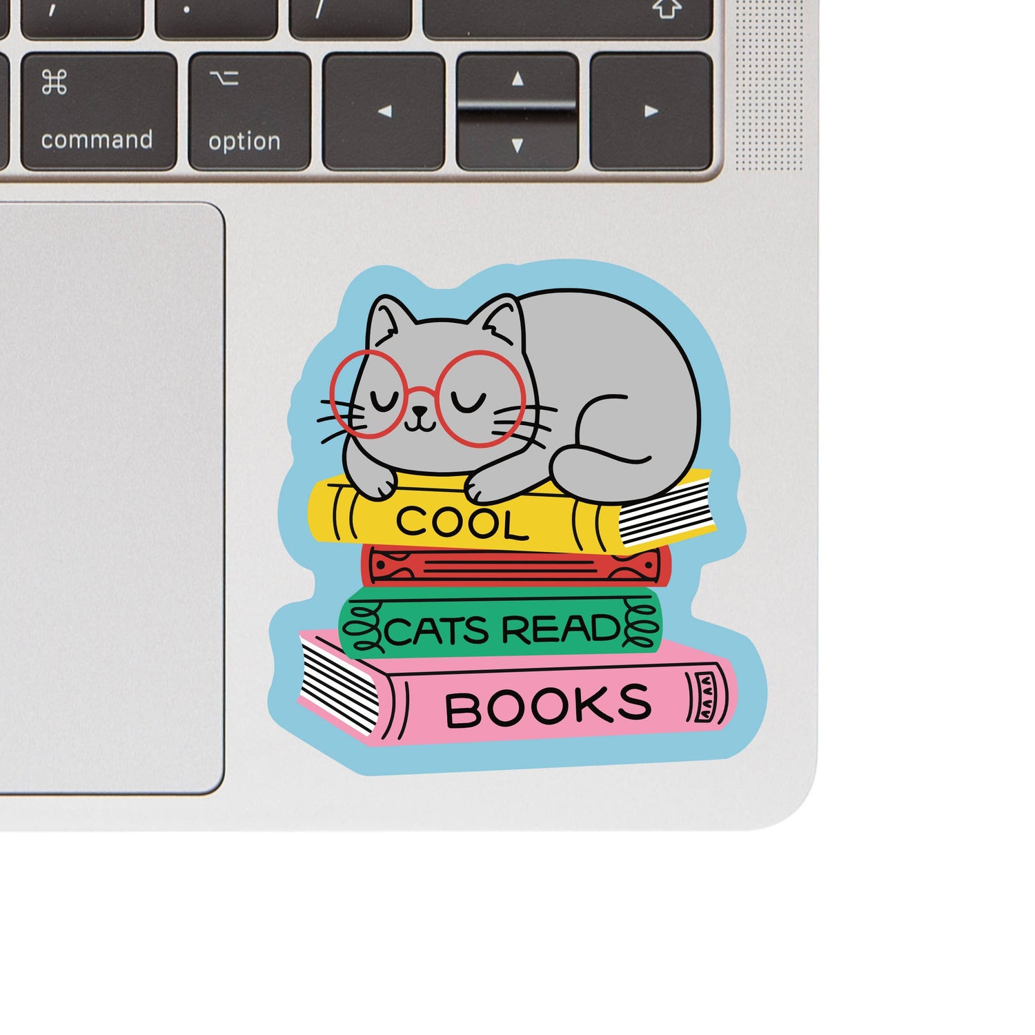 Laptop with a sticker of a cat reading books on the keyboard area