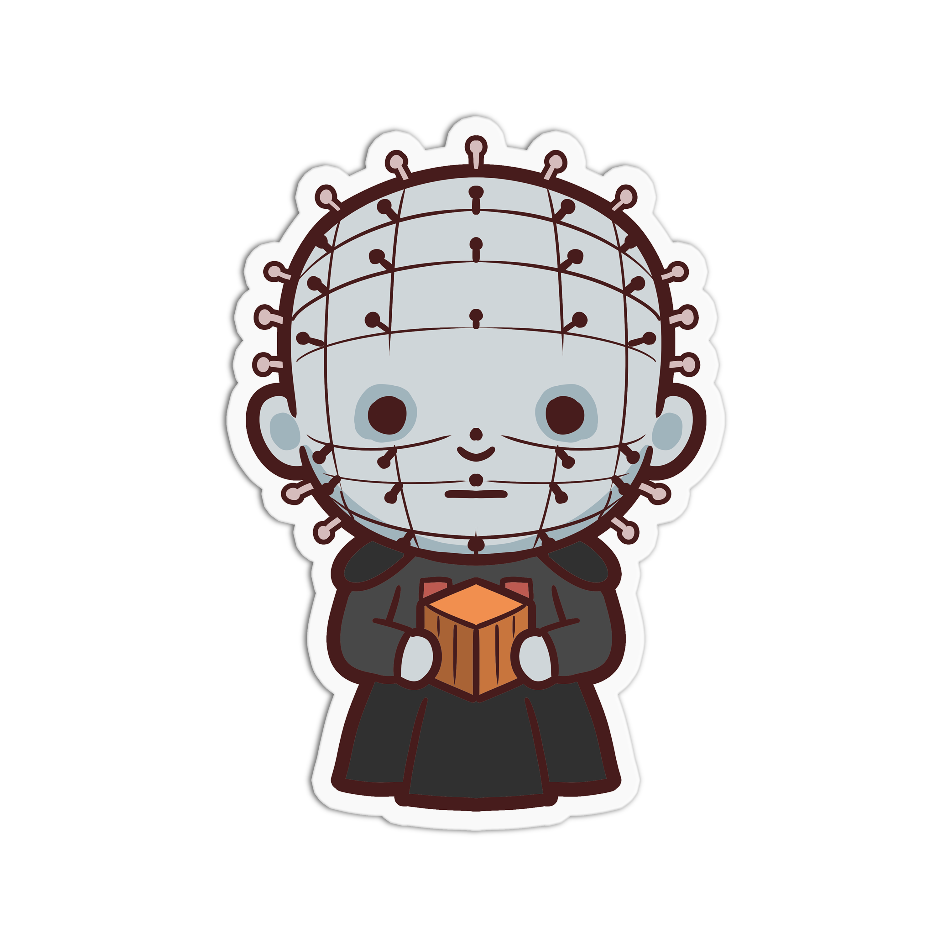 Cartoon character with a head full of pins holding a box on a white background
