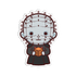 Cartoon character with a head full of pins holding a box on a white background