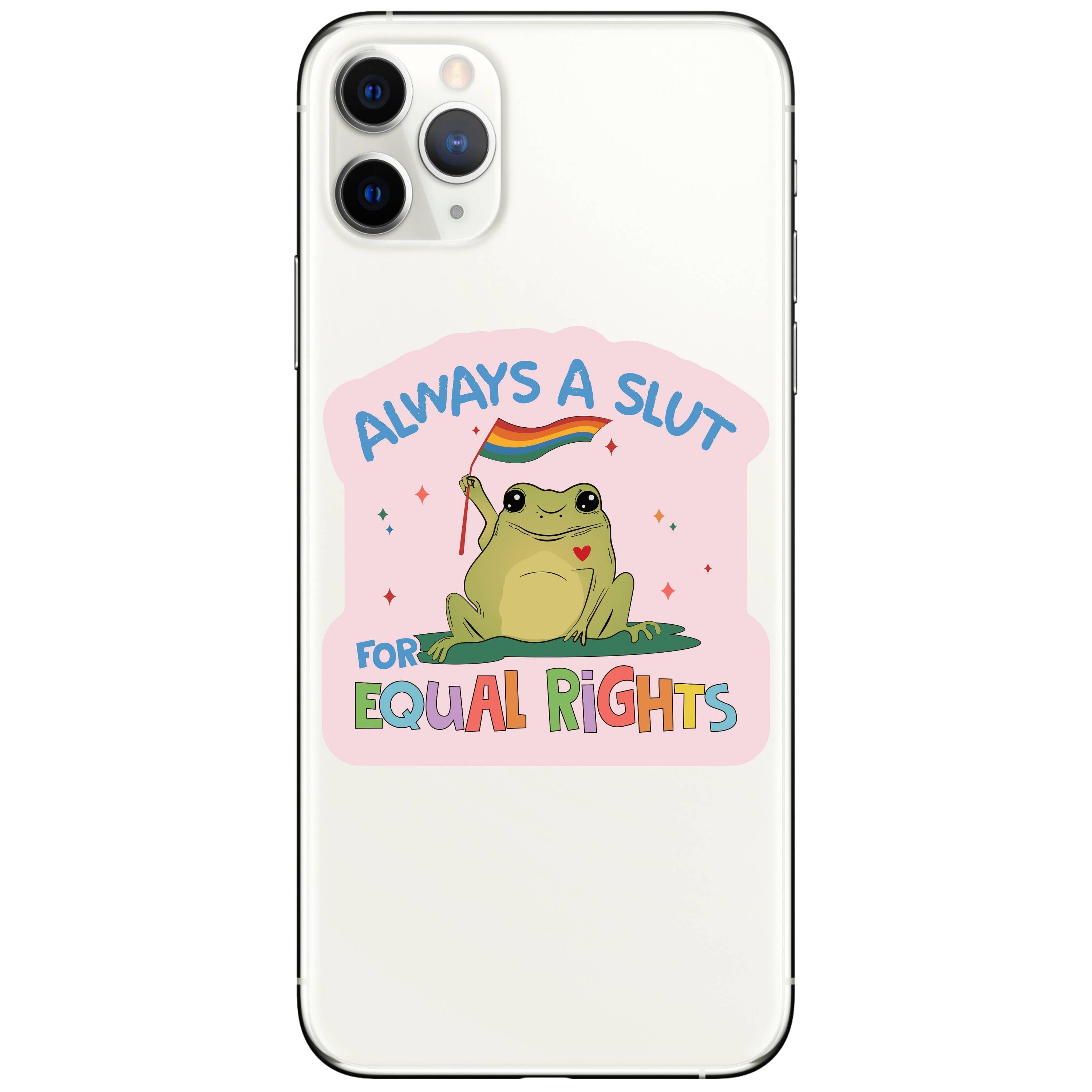 Phone case with a frog design and text on a white background