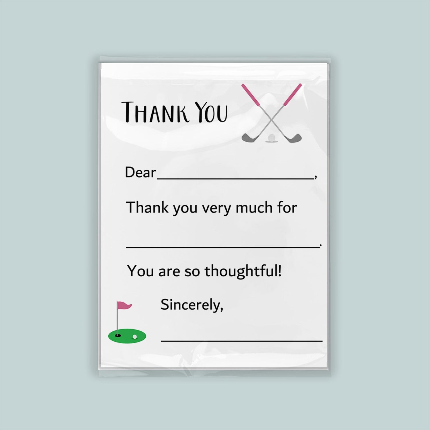 The image is a thank you card with a golf-themed design.