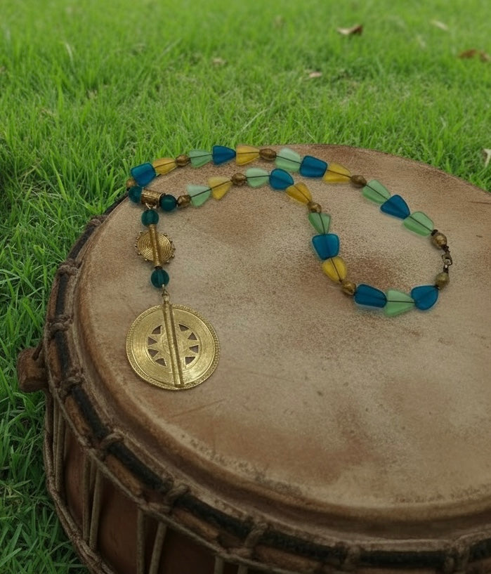 Triangular Blue, Green and Gold Sea Glass Beaded Necklace with Double Brass Disc Pendants