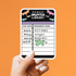 A hand with white manicured nails holds a rectangular sticker against a solid orange background. The sticker is designed like a &