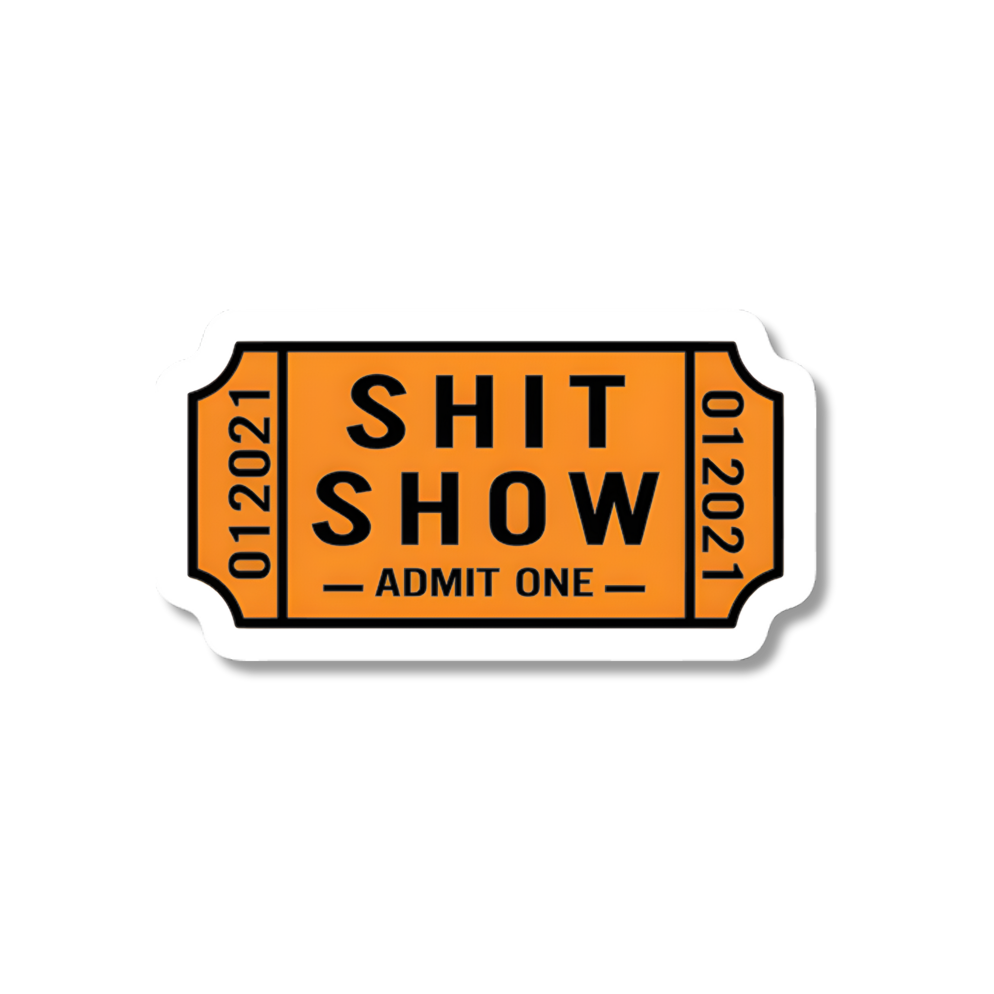 Orange ticket-style sticker with &