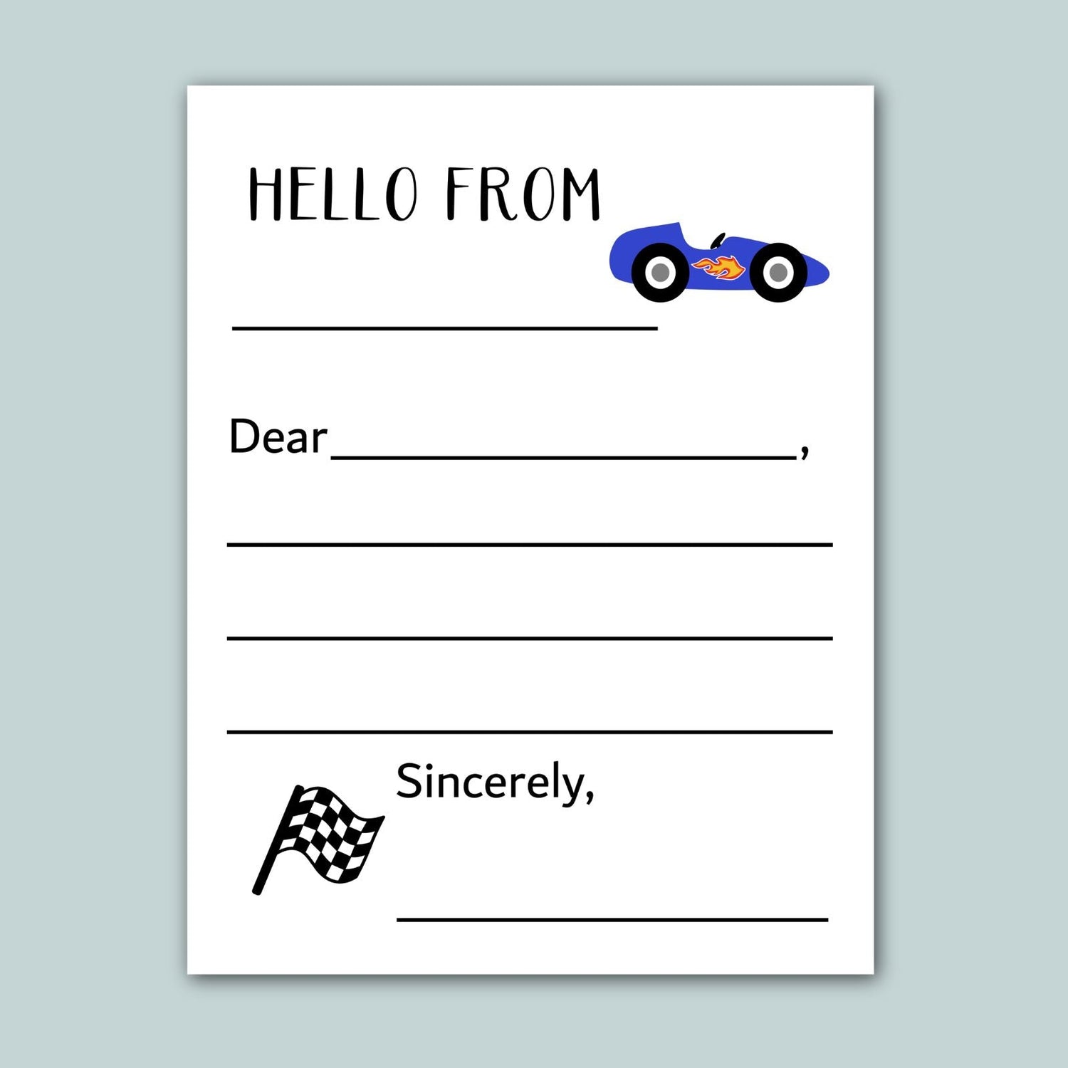 a letter addressed to someone named "Sincerely," with a checkered flag and a race car illustration. The letter appears to be a handwritten note, and the content is not described in detail.