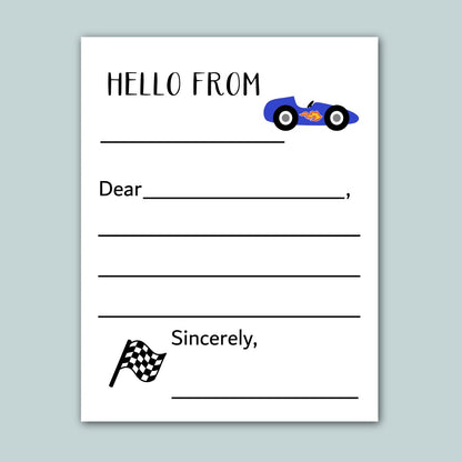 a letter addressed to someone named "Sincerely," with a checkered flag and a race car illustration. The letter appears to be a handwritten note, and the content is not described in detail.