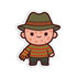 Cartoon character with a green hat and striped shirt on a white background