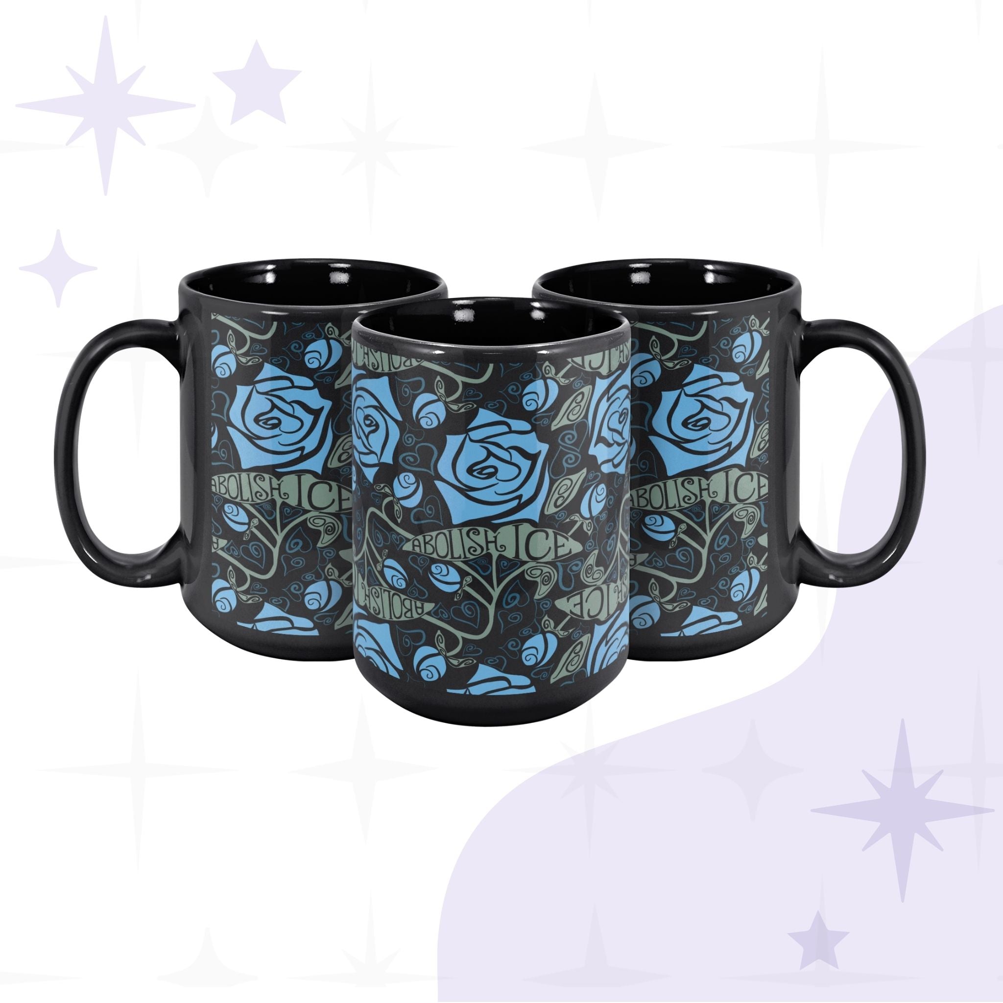 Three Abolish ICE black ceramic mugs showing the full gothic rose wrap print from multiple angles