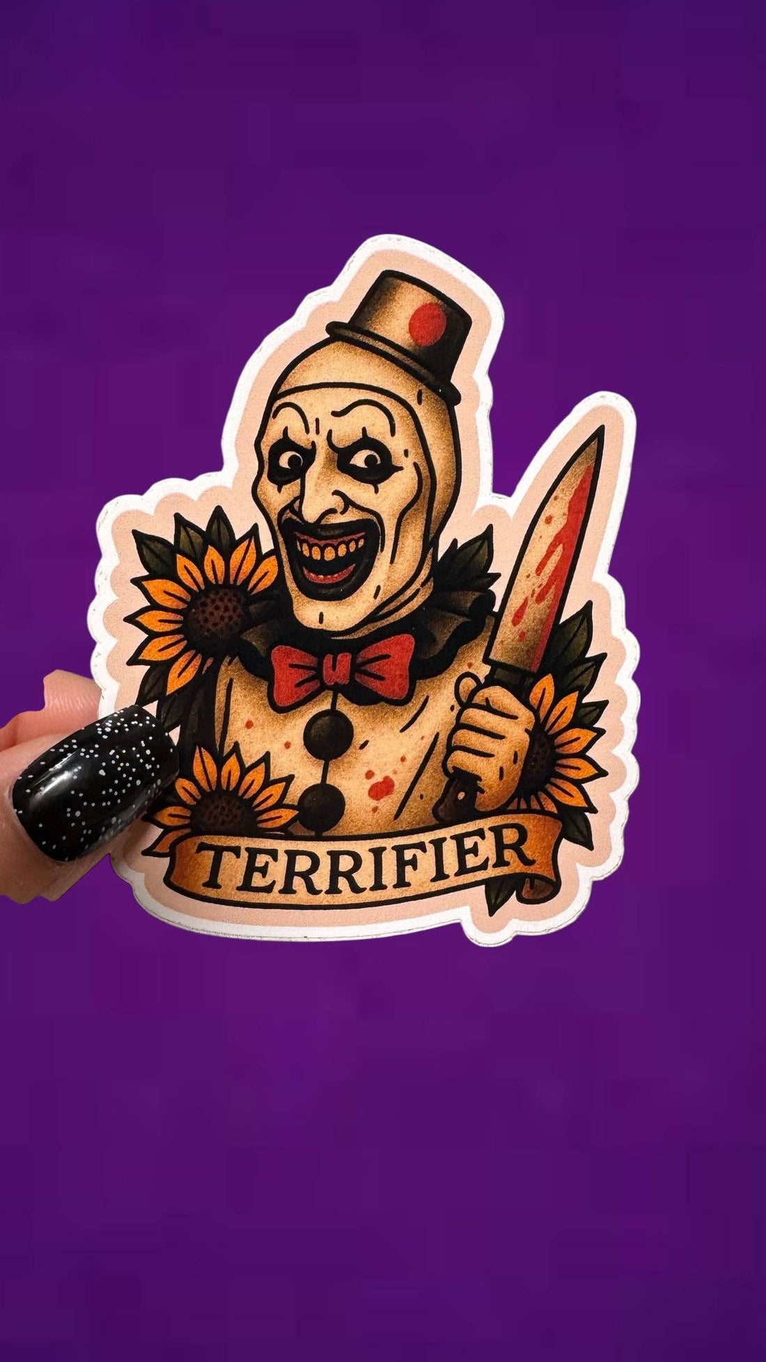 Sticker of a character with a knife and sunflower design on a purple background