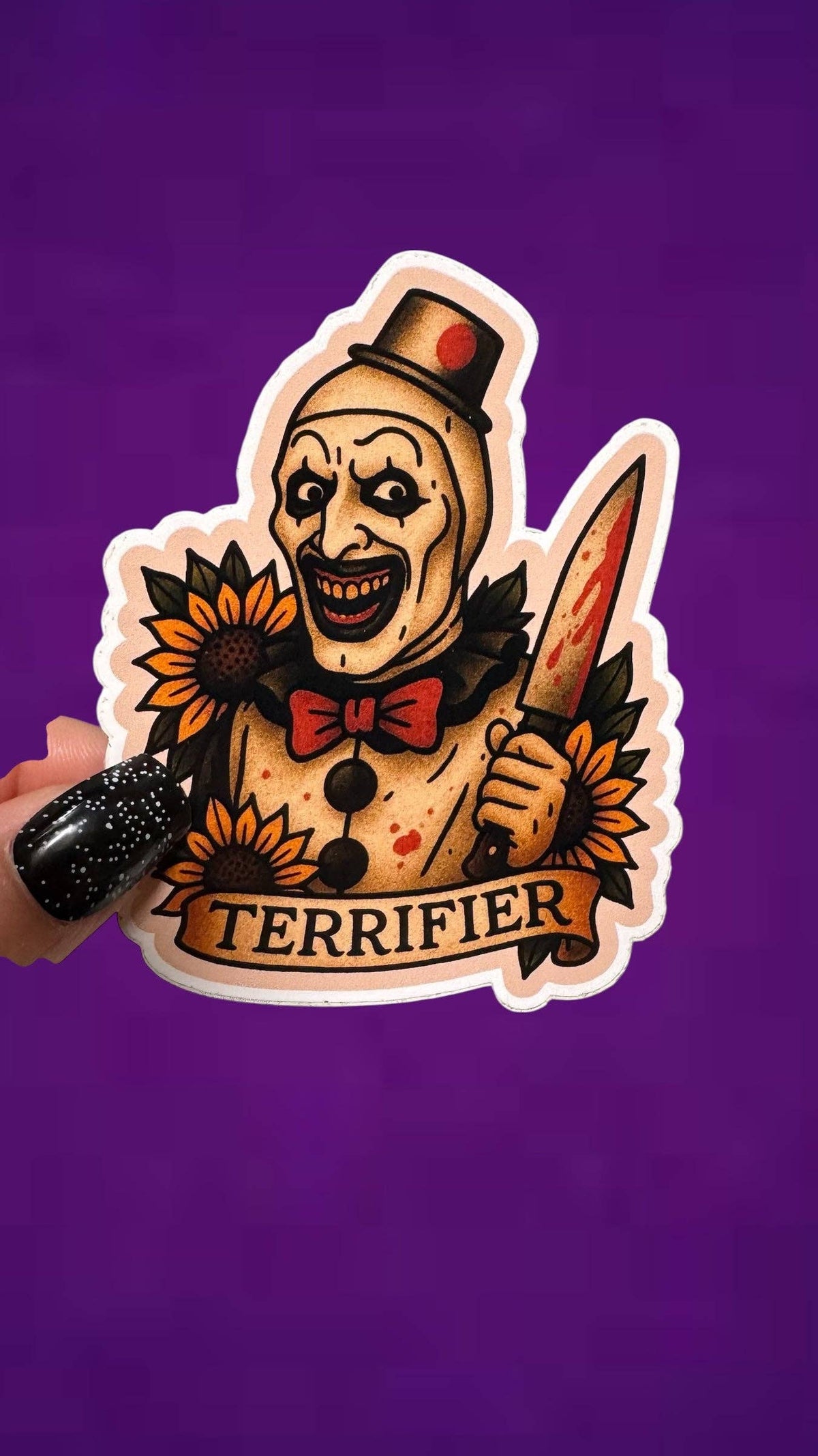 Sticker of a character with a knife and sunflower design on a purple background