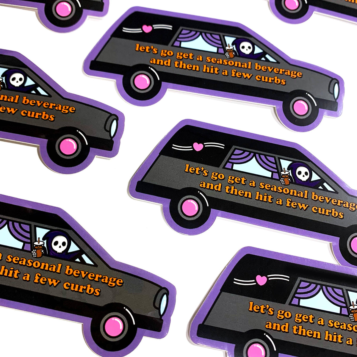 Seasonal Beverage &amp; Hit a Few Curbs Sticker | Funny Grim Reaper Fall Sticker