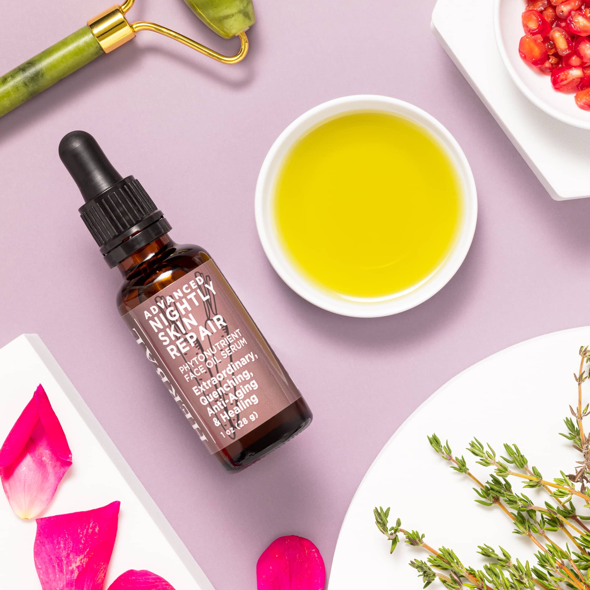 Advanced Nightly Skin Repair Face Oil Serum Lifestyle Indoor Texture Herbs