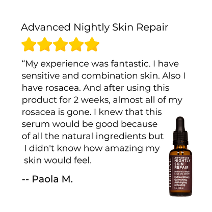 Advanced Nightly Skin Repair serum bottle with customer review on a white background
