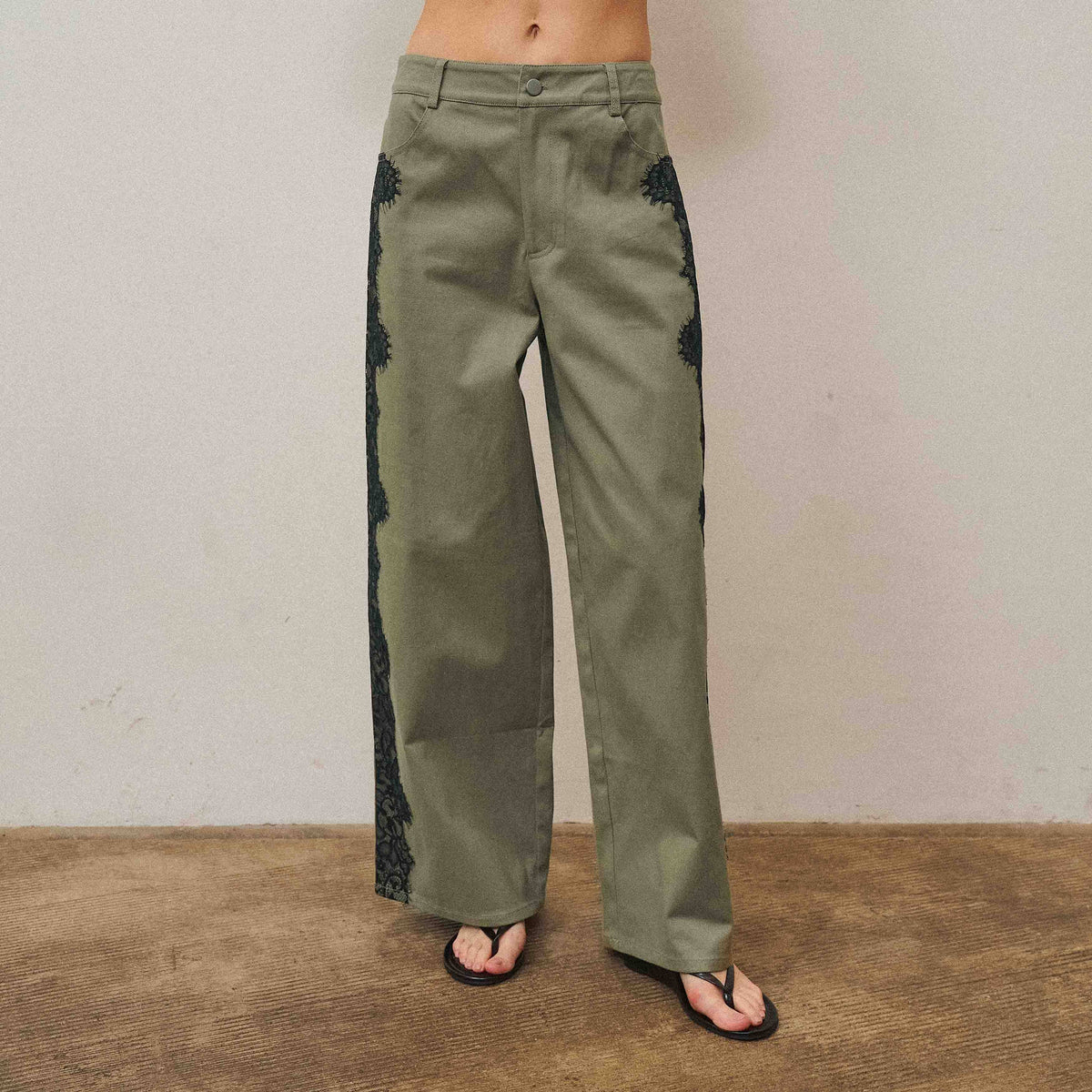 The Margot Lace-Trim Twill Pant — Olive