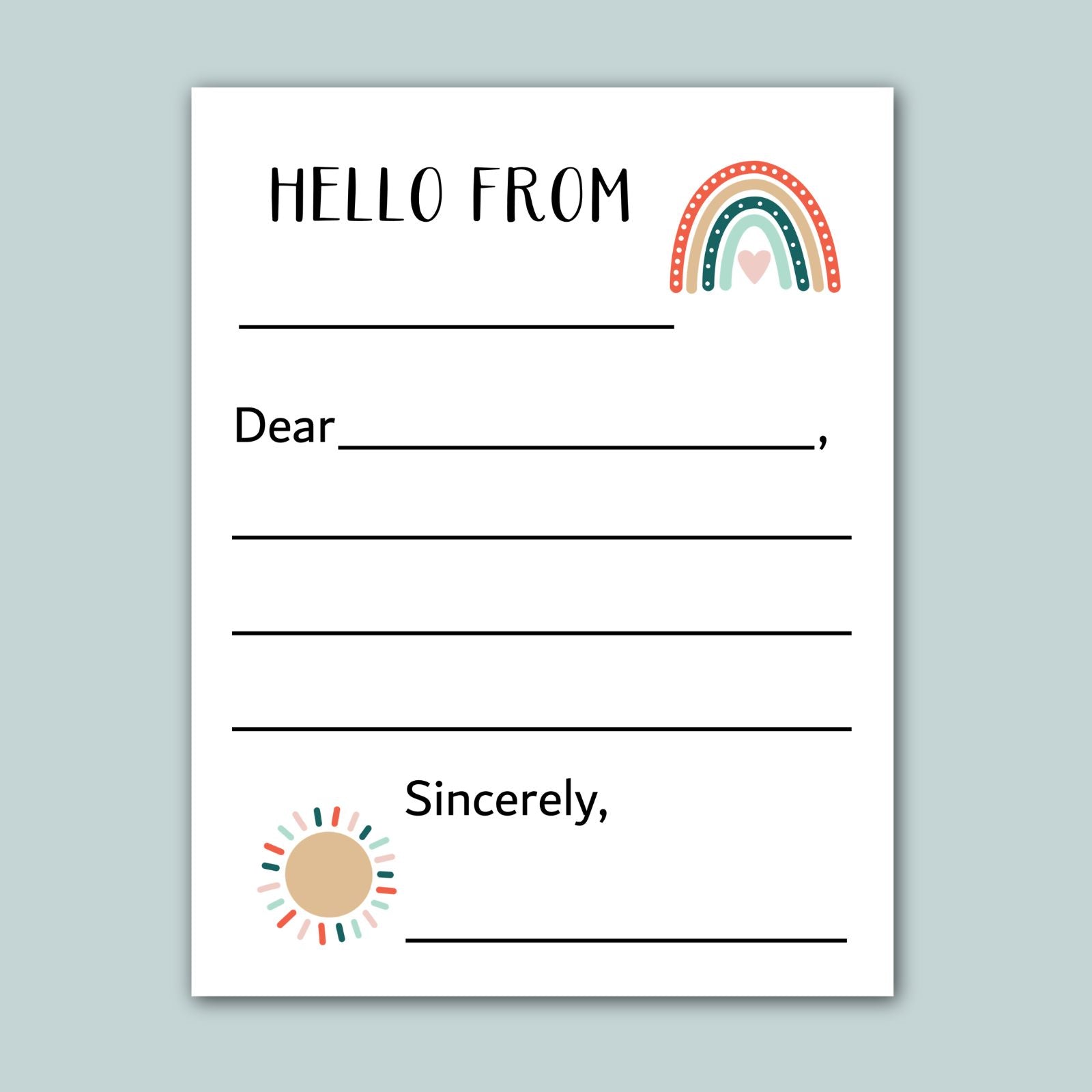 The image is a blank letterhead with a rainbow graphic and a sun graphic. The letterhead has a blank space for the recipient&