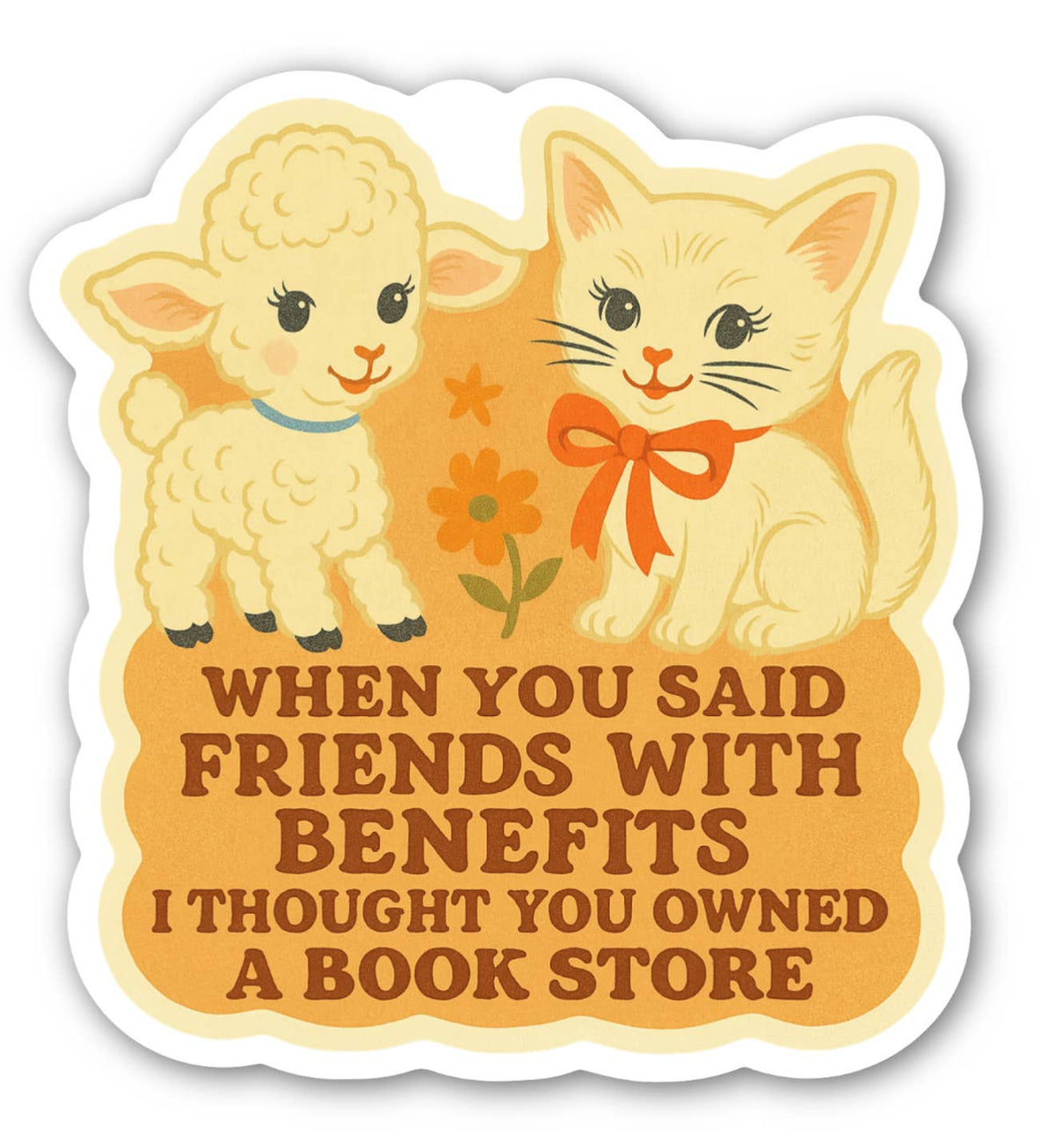 Sticker with a cat and lamb illustration and humorous text on an orange background