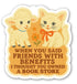 Sticker with a cat and lamb illustration and humorous text on an orange background