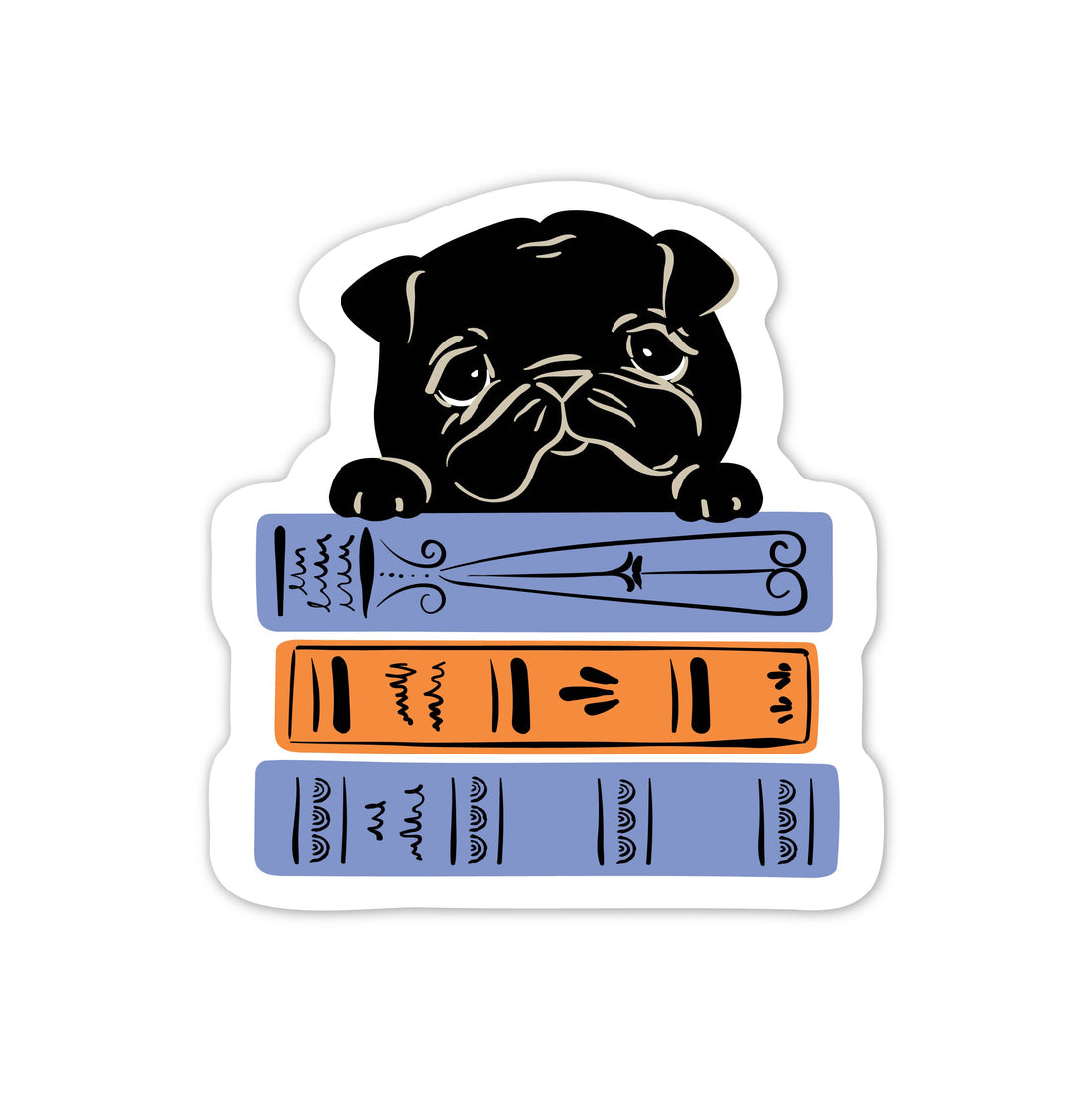 Black Pug &amp; Books Sticker | Bookish Dog Lover Vinyl Sticker