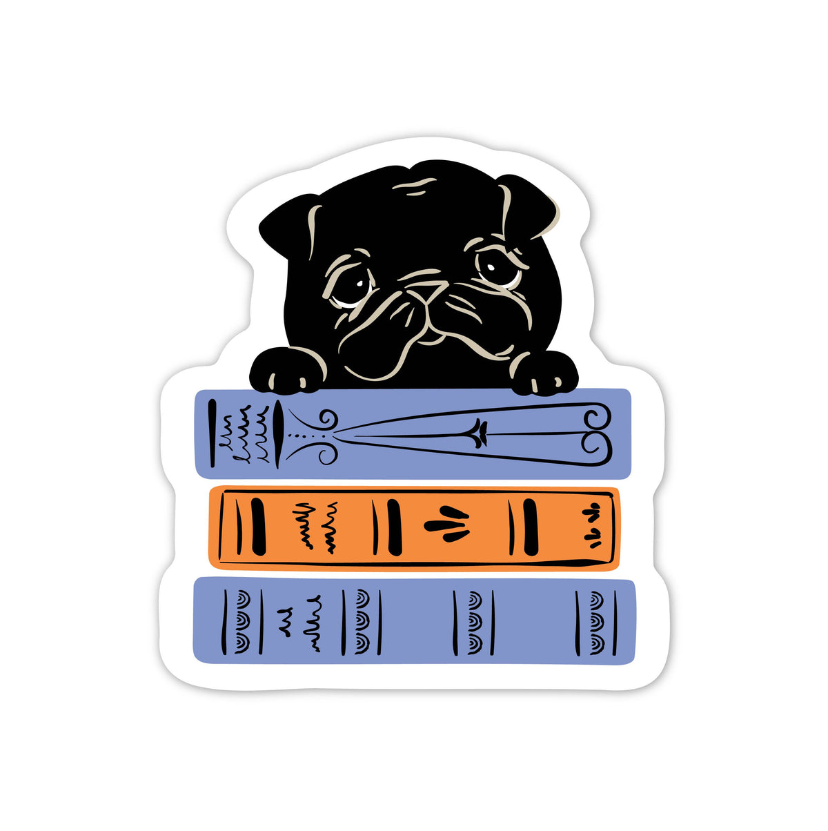 Black Pug &amp; Books Sticker | Bookish Dog Lover Vinyl Sticker